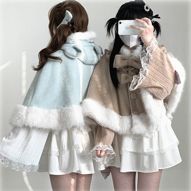 Hooded Colors Faux Jirai Fur with Bow Kitty Decor Detachable Kei Trim 3 Ear Cape