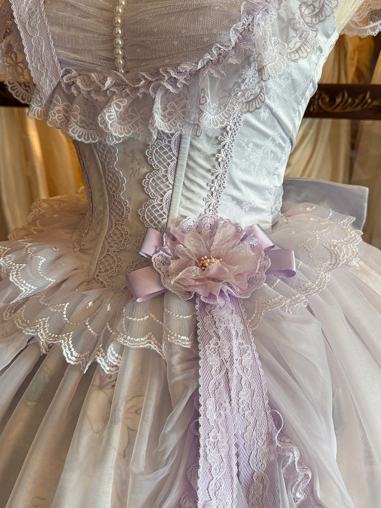 Purple Lily Print Lolita JSK Gown with Tulle Overlay and Back Bow Set - White Sugar Girl