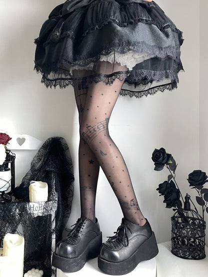 Pantyhose Semi-sheer Print Note Musical Nude / Black