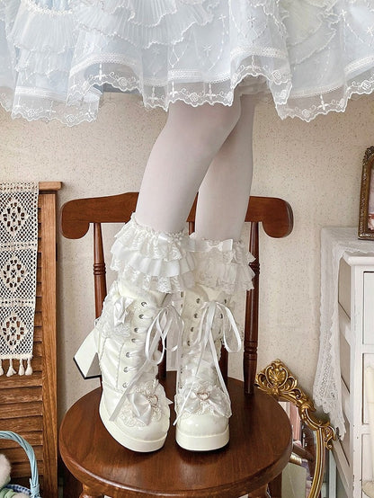 White 8CM High Heel Winter Boots with Front Lace-Up, Lace & Heart Accents - Witch's Night