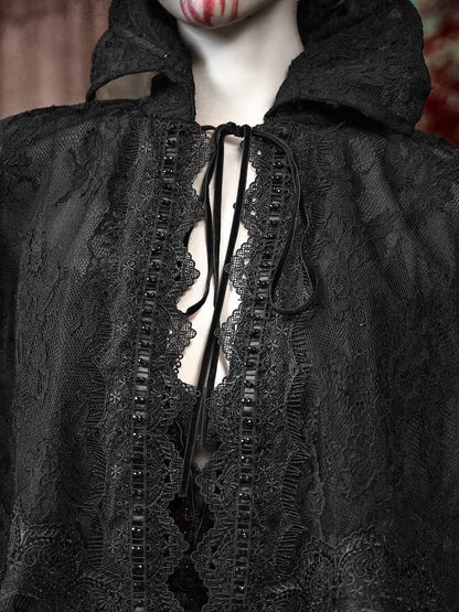 Goth Tassels Hem Lace Vampire Stand Black Collar Cape Shawl