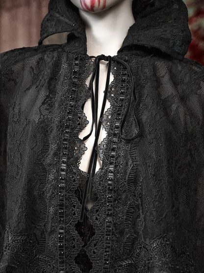 Tassels Hem Stand Shawl Lace Goth Collar Vampire Cape Black