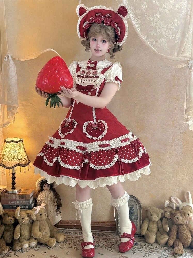 Strawberry-Print JSK Dress with Polka-Dot Bow & Peter Pan Collar Blouse Set - Day Rabbit