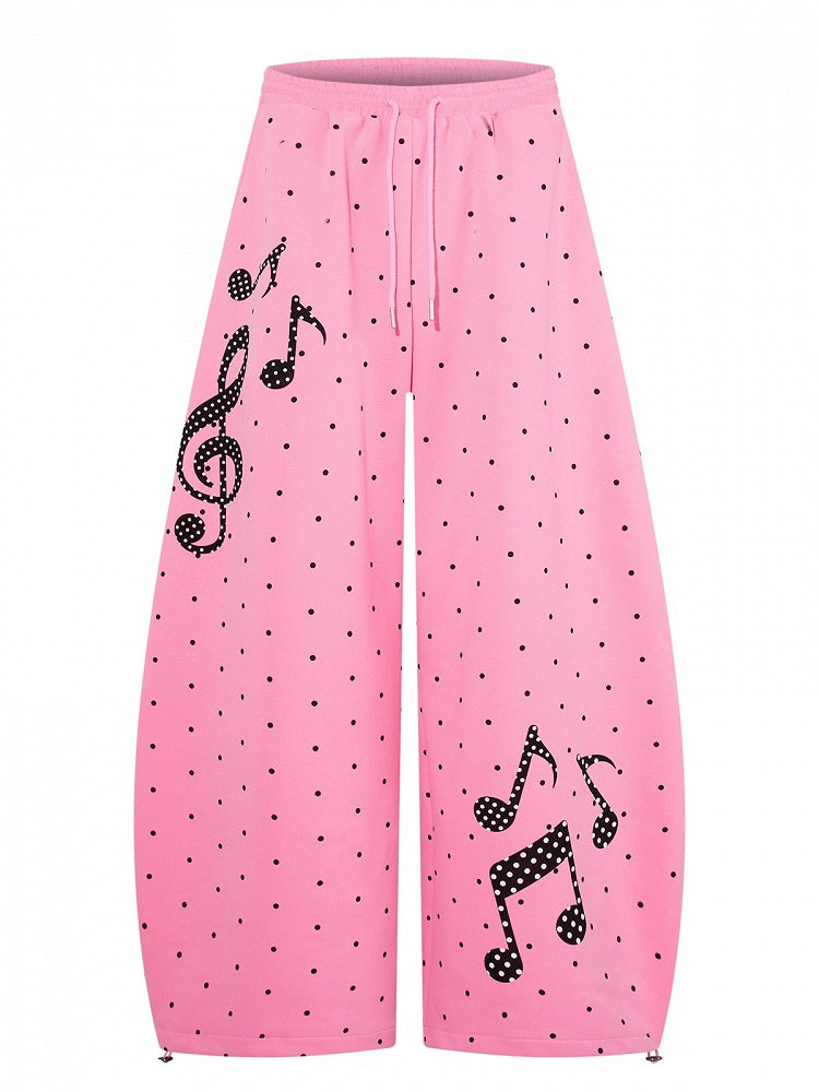 Pink Polka-Dot Wide-Leg Pants with Music Notes - Languid Park
