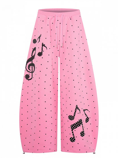 Pink Polka-Dot Wide-Leg Pants with Music Notes - Languid Park
