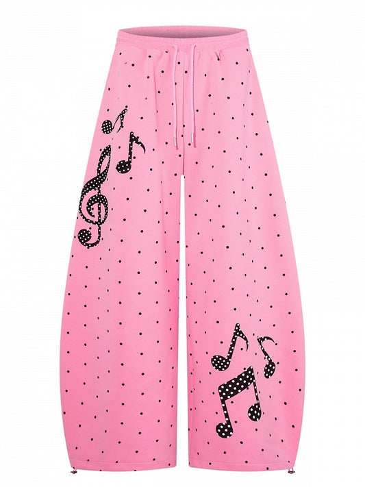 Pink Polka-Dot Wide-Leg Pants with Music Notes - Languid Park