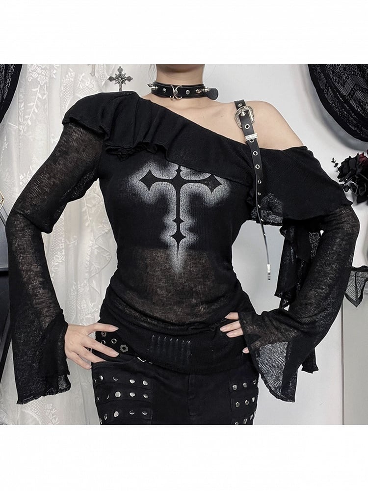 Strap Trim Print with Gothic Cross PU Top Neck Ruffle Halloween Asymmetrical Black