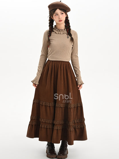 Brown Lace Trim Ankle Length Skirt