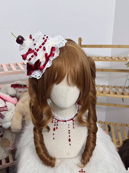 Mini With Beads Hat Red Triangular Gothic Cake Lolita White