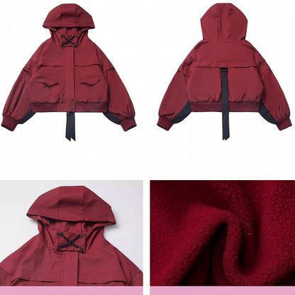 Red and Black Colorblock Sleeves Hooded Crop Jacket