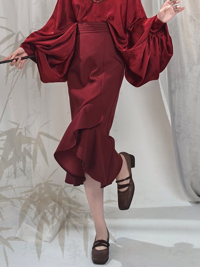 Chinese Hem Partial Waistband with - Mermaid Red Ruffle Style Elastic Skirt