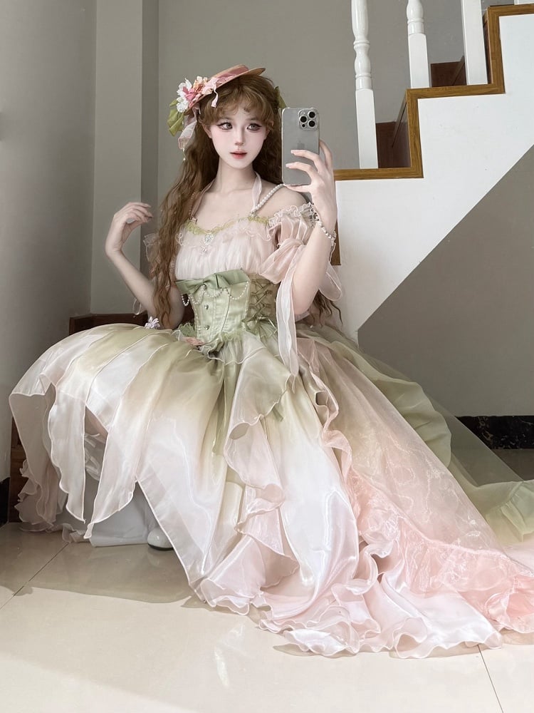 Neckline High-low PinkGreen with Dress Bodice Gradient Color Lolita Off-the-shoulder Boned