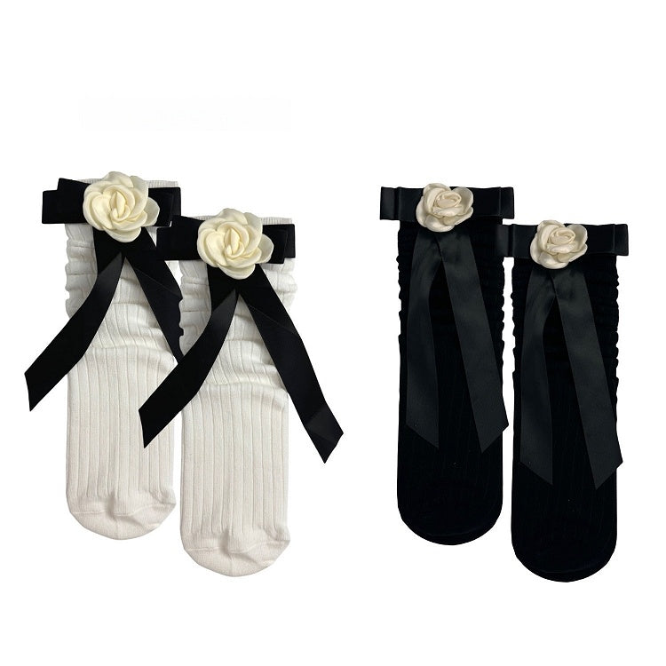 White/Black Ribbon Calf Bowknot Camellia Socks