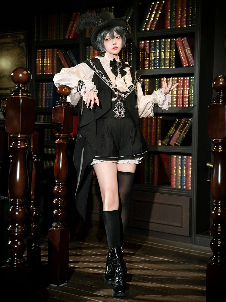 Waist Ouji Overall Black Waistcoat Bunny + Shorts Split-Tail High Lolita Hooded Ear Shirt