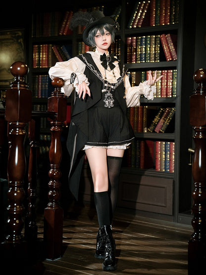 Waist Ouji Overall Black Waistcoat Bunny + Shorts Split-Tail High Lolita Hooded Ear Shirt