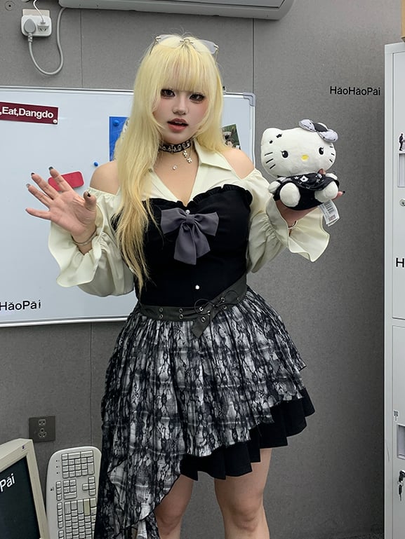 Bishop Dress Pleated Cutout Shoulder and Skirt / Sleeves Plus Size Black Brown with