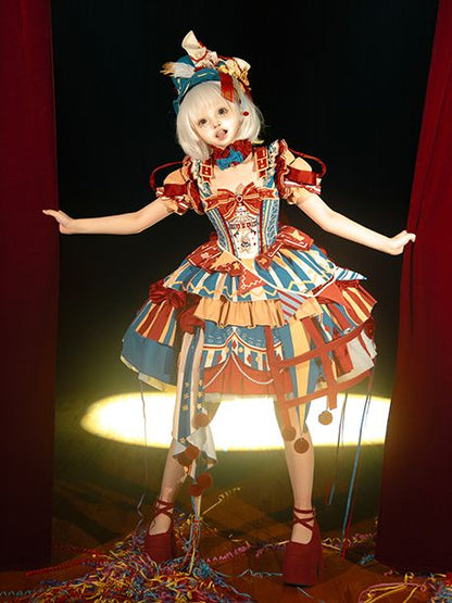 with Skirt Blue Jumper Sweet Dress Bunny Circus Embroidery and Sleeves Detachable Lolita Puff Red