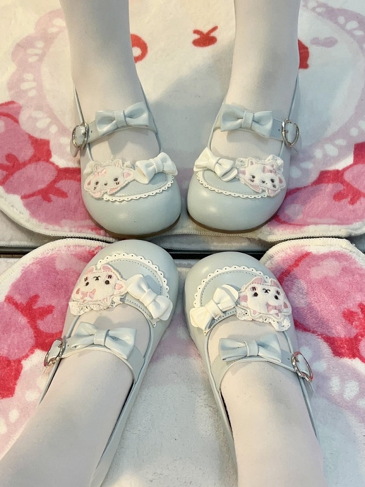 Themed with Sheep Heart Snap Blue Bow PU Decor Jane Sweet Lolita Closure Shoes Mary