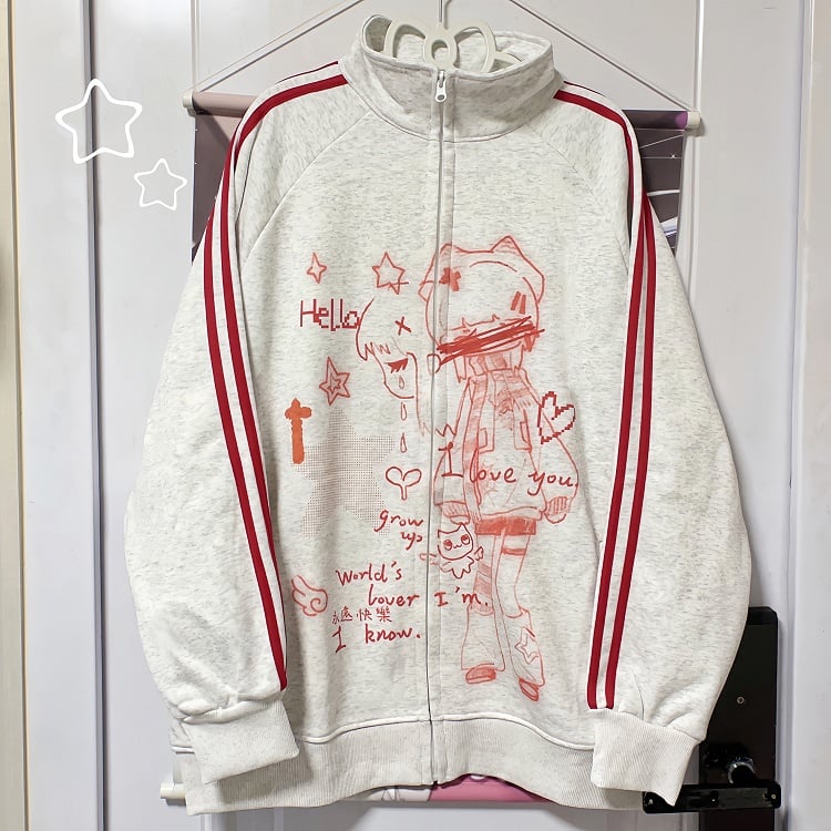 Cartoon Jacket with Striped Graphics Red Regular/Thicken White