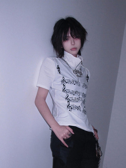 Music Note Print Short Sleeve T-Shirt - y2k QUEEN