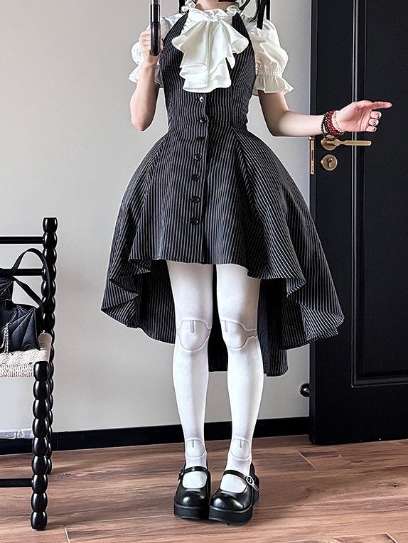 Striped Overall Lolita Button-Front Halter Black White and Neck