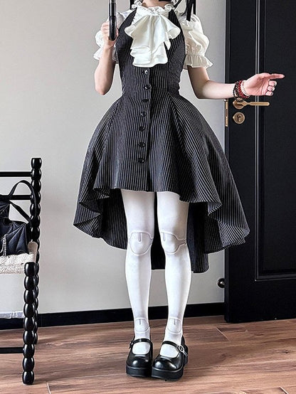 Striped Overall Lolita Button-Front Halter Black White and Neck
