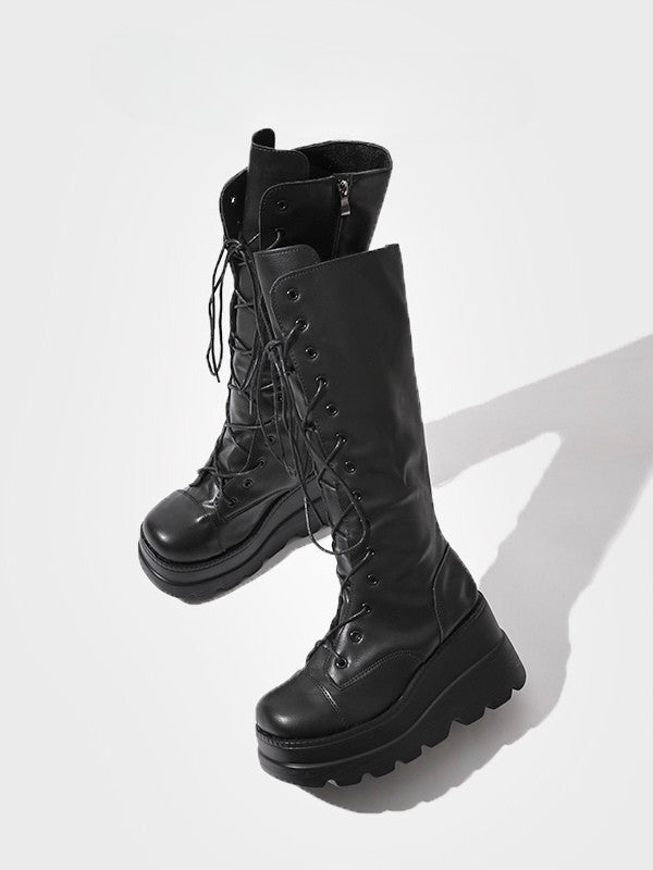 Fashion Side with - Knee-High Closure Gothic Design Dual System Platform Zip Black Lace-Up Boots in