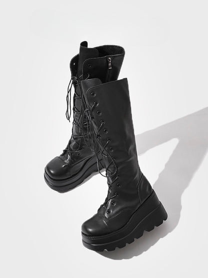 Fashion Side with - Knee-High Closure Gothic Design Dual System Platform Zip Black Lace-Up Boots in
