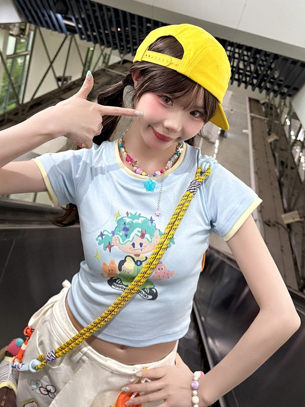 Free Necklace Cartoon Girl Print Blue Round Neck Cropped T-shirt with