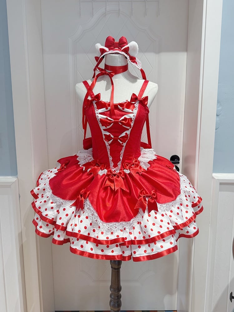 Lolita Fluffy Basque Dress Sweet Bow White Polka-dot with Pattern and Waist Red Accents