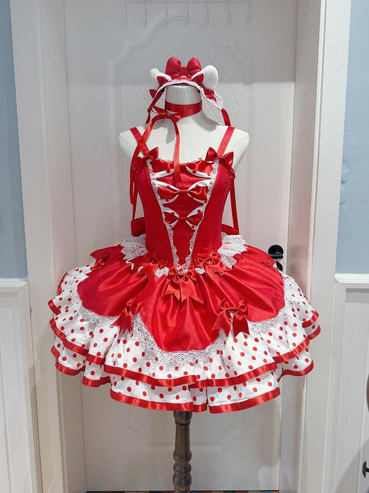 Lolita Fluffy Basque Dress Sweet Bow White Polka-dot with Pattern and Waist Red Accents