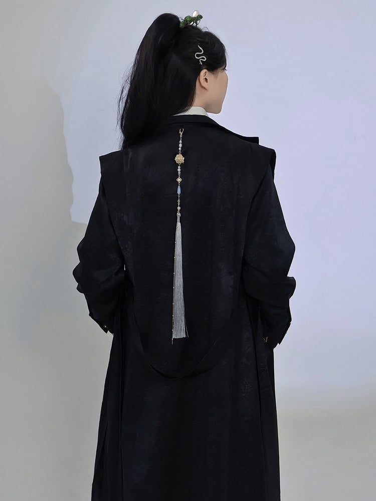 Black Trench Coat with Dragon Embroidery, Mandarin Collar & Detachable Tassel Trim - Feng Hua Gui Guo Ling