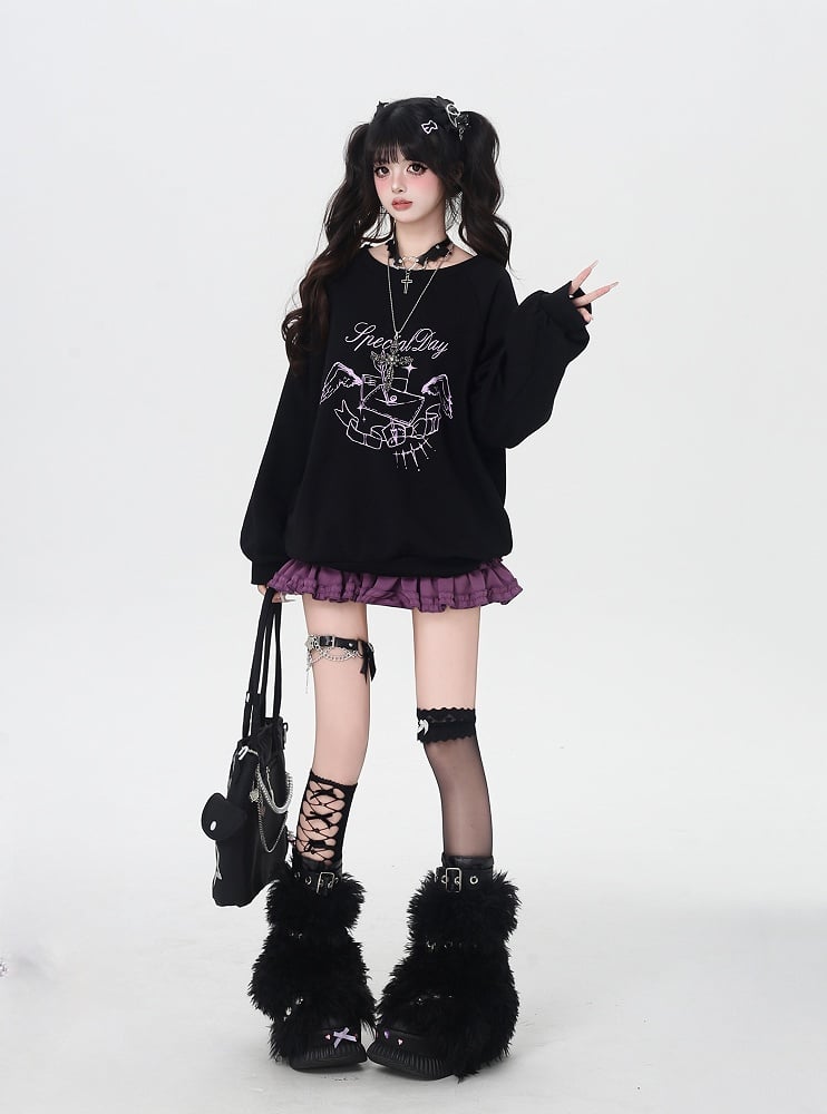 Round Neck Graphic Sweatshirt Self-tie Bowknot at Back Pink/Black