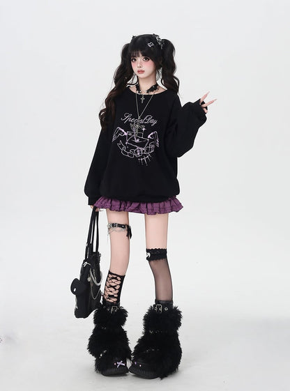 Round Neck Graphic Sweatshirt Self-tie Bowknot at Back Pink/Black