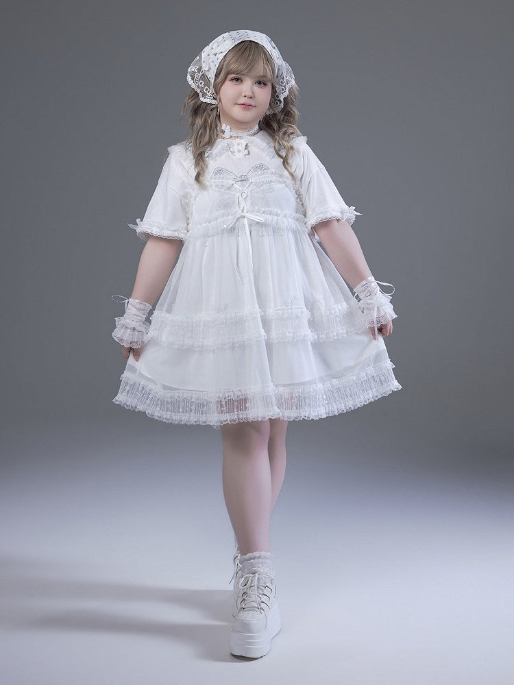 Peter Pan Collar Short Sleeve T-Shirt Dress with Print & Bows - Fluffy Heart