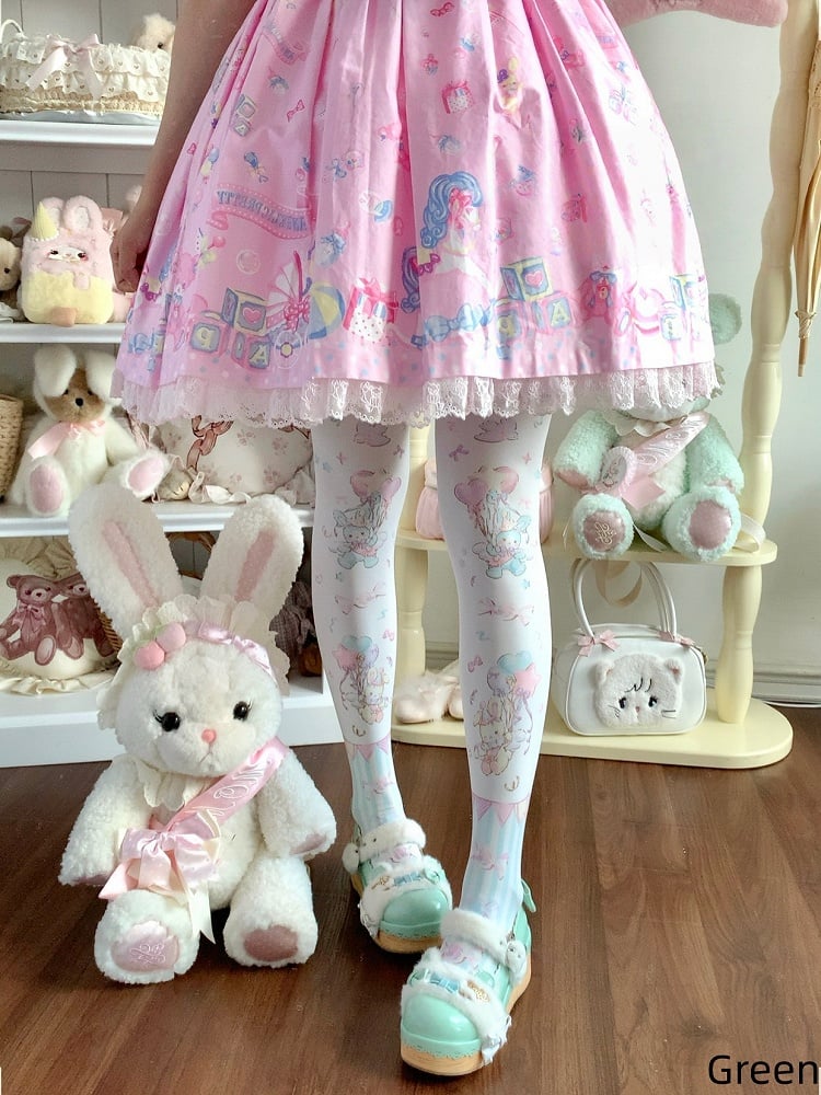 Print Pink/Blue/Green Tights Lolita Cute Balloon Bunny Velvet
