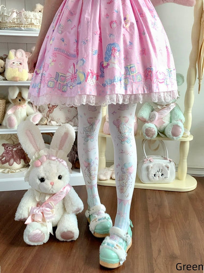 Print Pink/Blue/Green Tights Lolita Cute Balloon Bunny Velvet