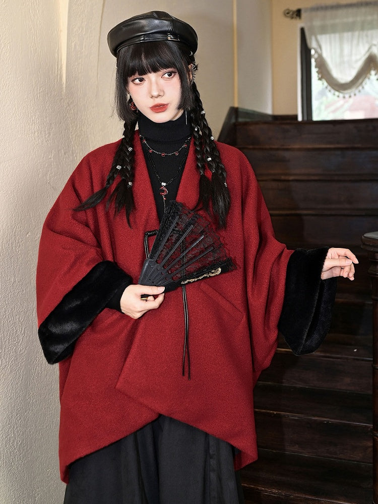 Embellished - Year Red Coat Cuffs Placket Button Plush Sleeve New Tassel Cape