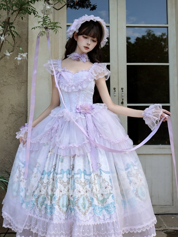 Purple Lily Print Lolita JSK Gown with Tulle Overlay and Back Bow Set - White Sugar Girl