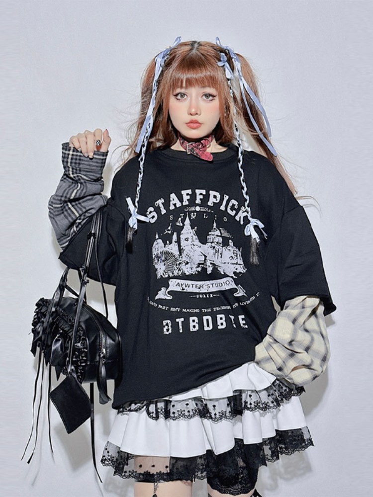 Black Plaid Round Neck Letter Layered-Look Sweatshirt