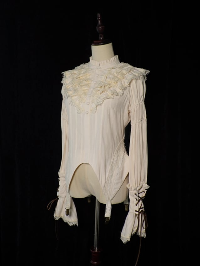 Beige Sleeves Ruffle Blouse Neckline Leg-of-Mutton