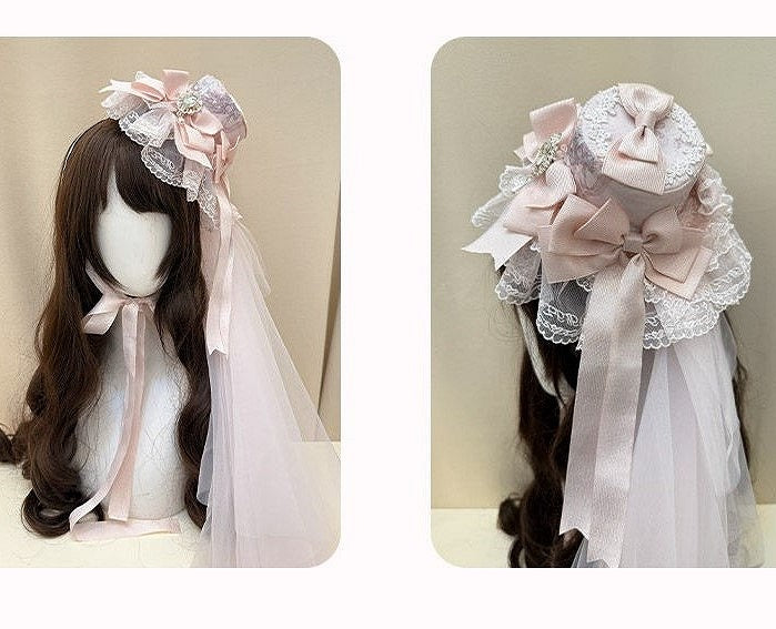 Embellished and Lolita Bow Pink Lace Mini Hat