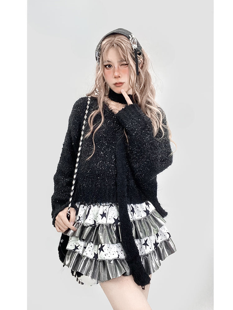 Black&White Star Print Tiered Skirt