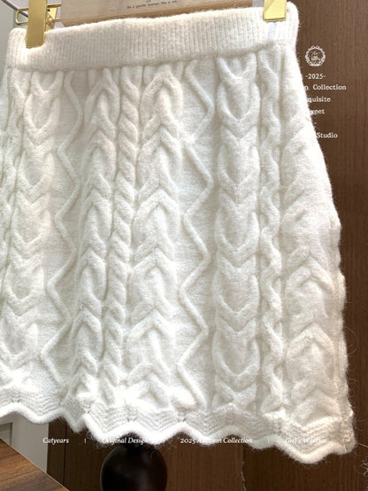 Skirt Knit Top Set Vintage Cable-Knit Frayed-Trim Wool Luxe