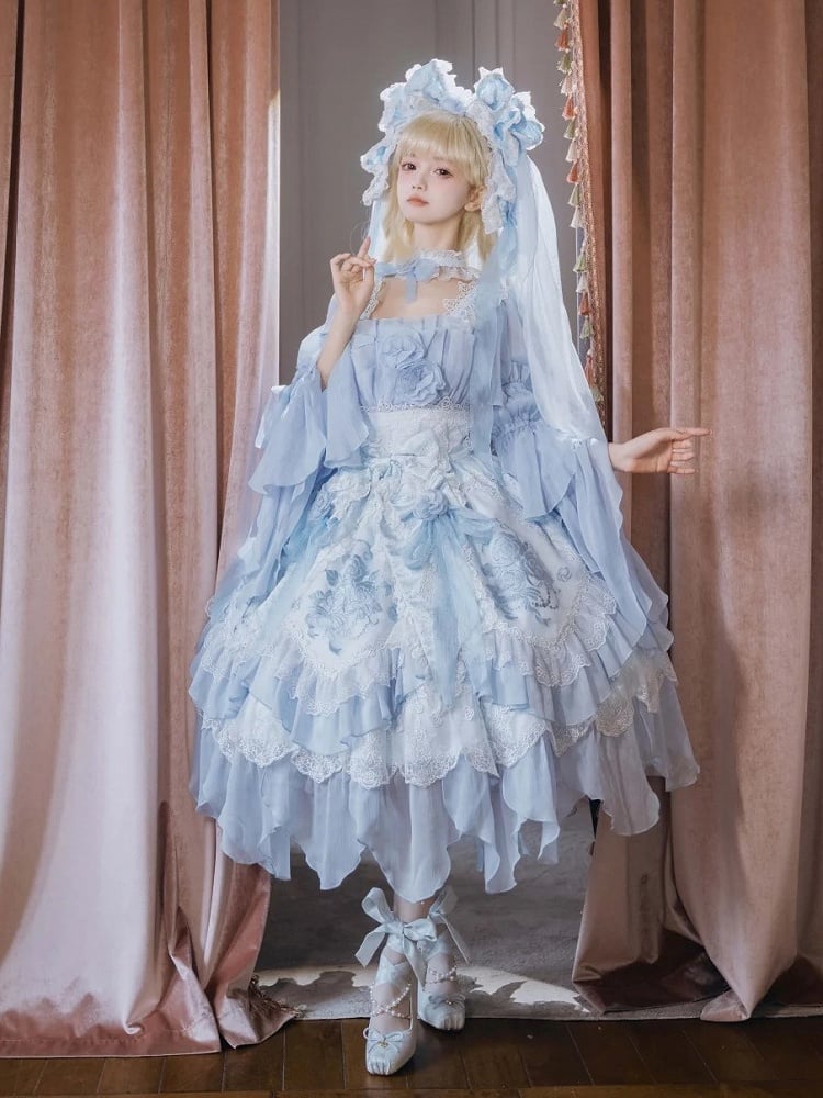 Dress Blue Accents Lolita Version JSK Rose Short Hanayome Layered Ruffles Flowing Light with