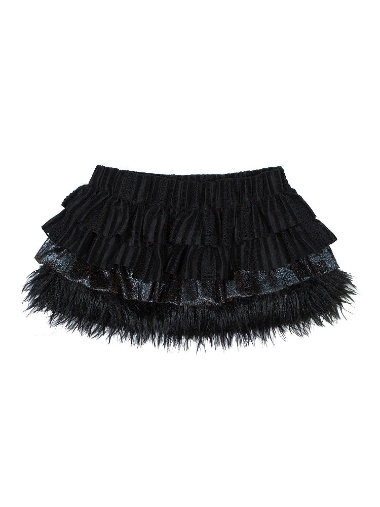 Tiered Faux Elastic Black Punk with Fur Waist Glossy Skirt Trim Fabric