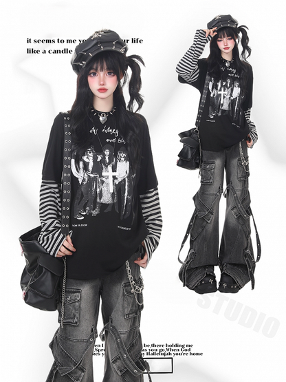 Rock Sleeve Two-Piece Band Faux Detail Print Top Punk with Black and Striped