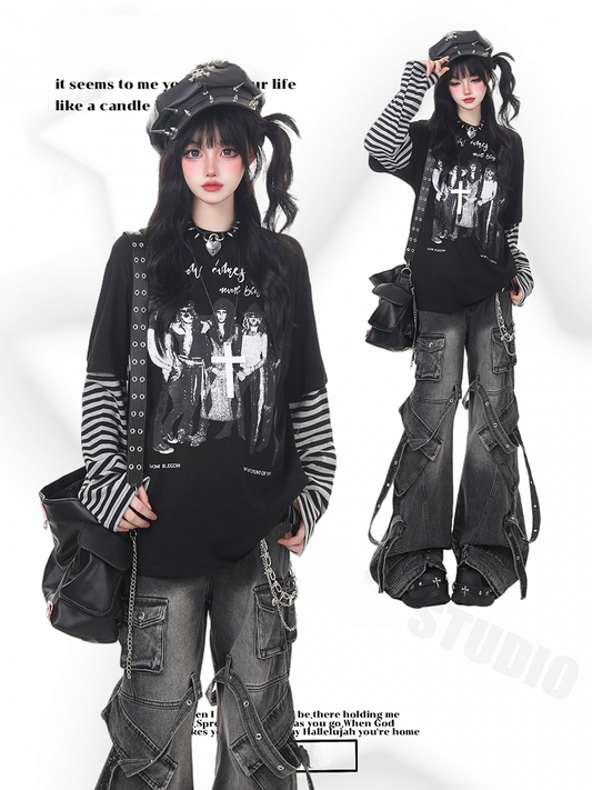 Rock Sleeve Two-Piece Band Faux Detail Print Top Punk with Black and Striped