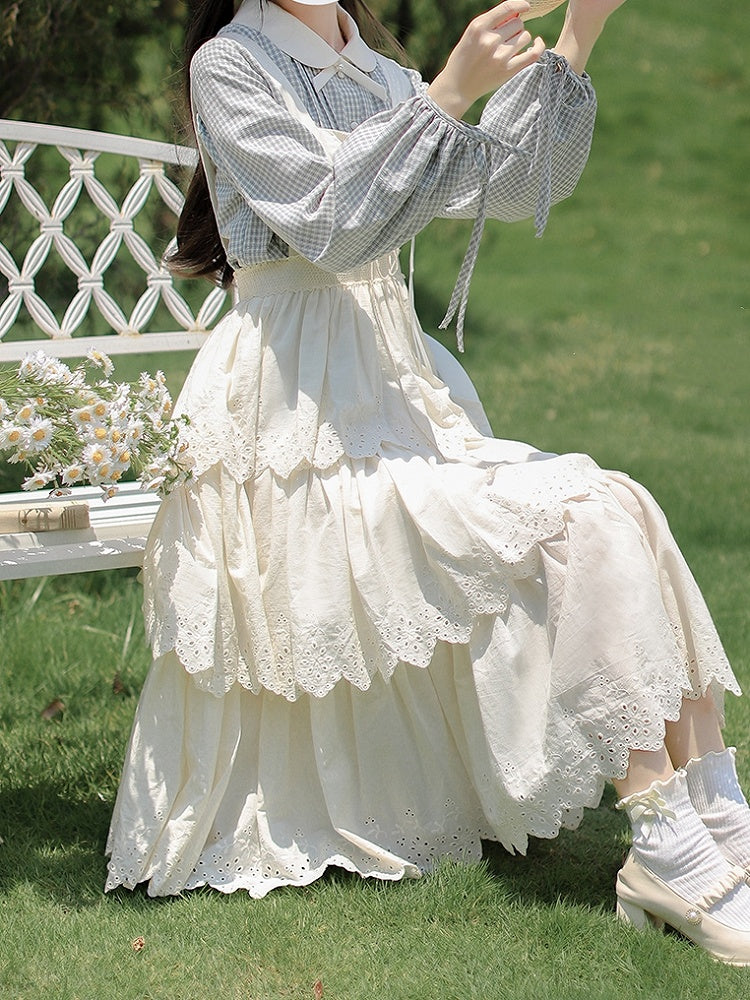 Collar White Long Pan Dusty Sleeves with Plaid Blouse Peter Blue