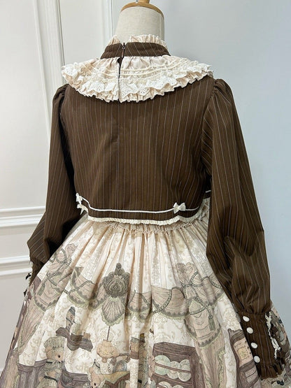 Fake Pieces Design Kaffee Cremig Lolita Haus Print Kleid Ärmel Lange Teddy Zwei